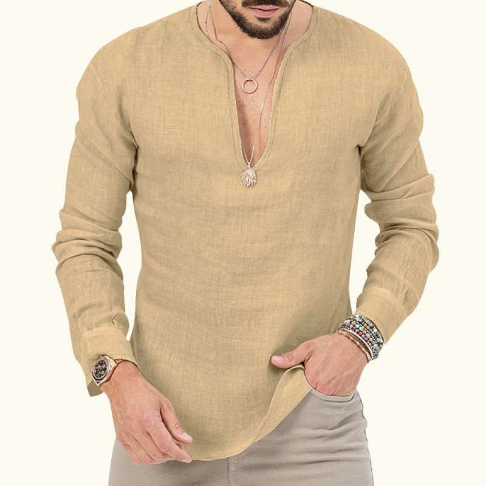 Cotton linen deep v-neck solid color large size long-sleeved T-shirt shirt Cotton linen deep v-neck solid color large size long-sleeved T-shirt shirt