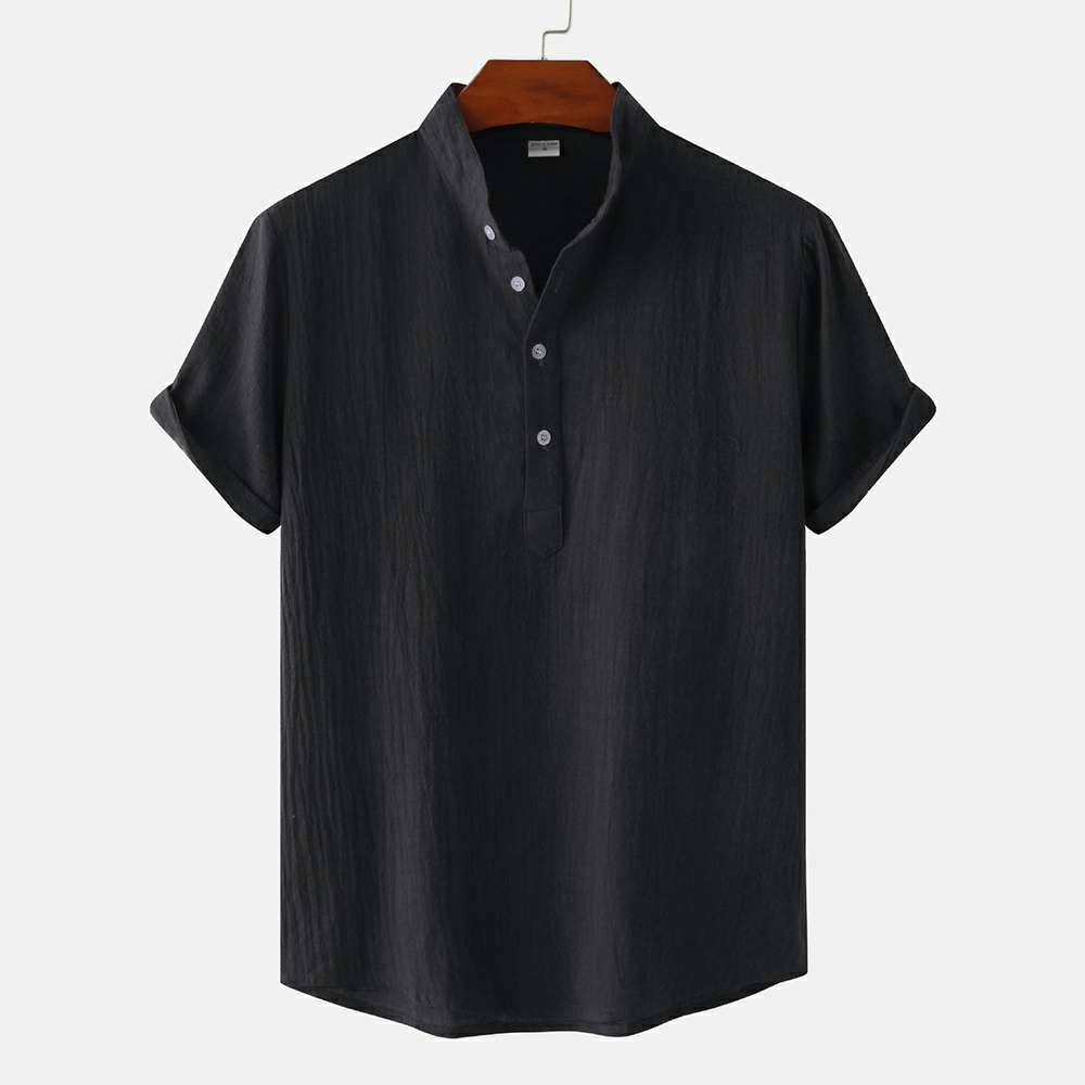 Cotton Linen Stand Collar Casual Short Sleeve Shirt Beach T-Shirt Cotton Linen Stand Collar Casual Short Sleeve Shirt Beach T-Shirt