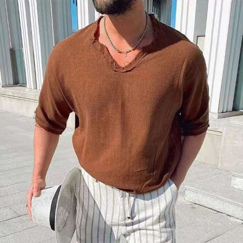 Summer new men's solid color V-neck cotton and linen short sleeves Summer new men's solid color V-neck cotton and linen short sleeves