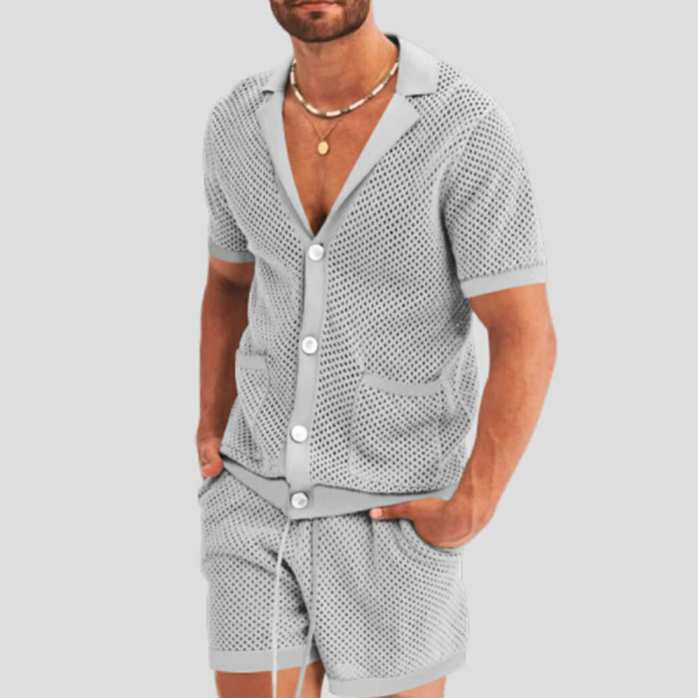 Summer new men's hollow icy breathable casual thin short-sleeved shorts suit Summer new men's hollow icy breathable casual thin short-sleeved shorts suit