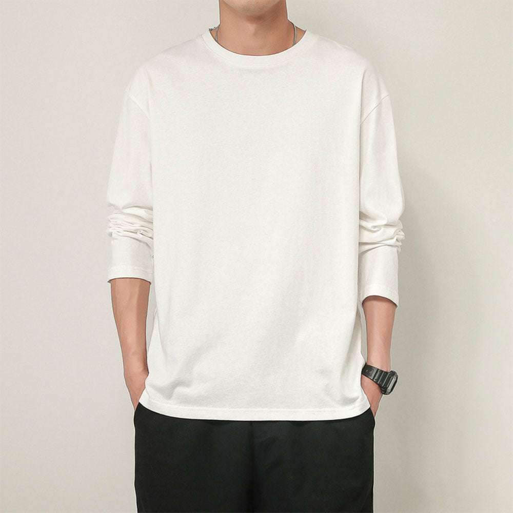 Men's basic solid color cotton round neck loose long-sleeved bottoming shirt