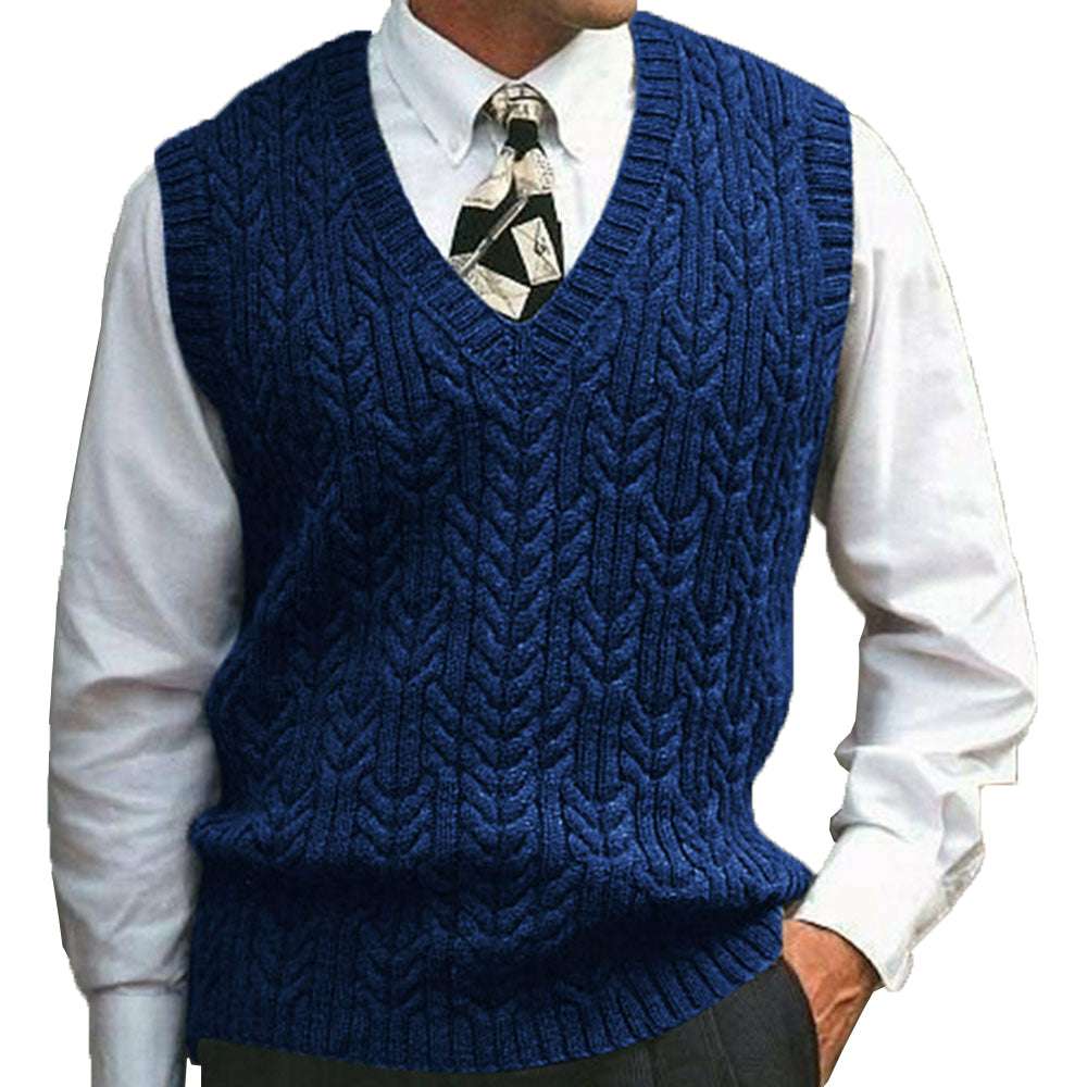 Men's cable plain color V-neck casual knitted vest