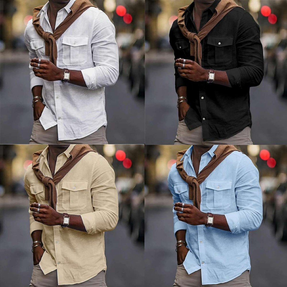 New Men's Solid Color Cotton Lapel Pocket Shirt