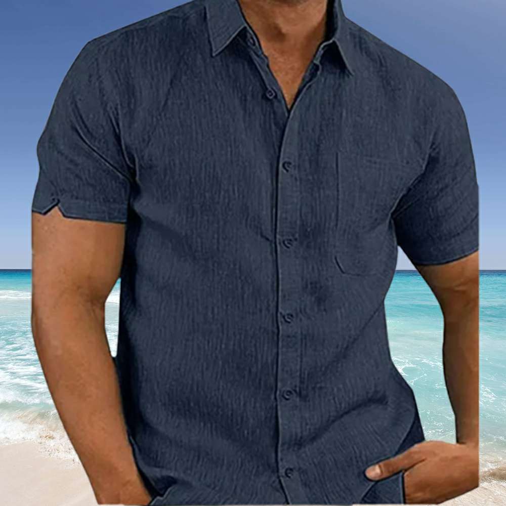 Men's New Solid Color Lapel Button Short Sleeve Shirt