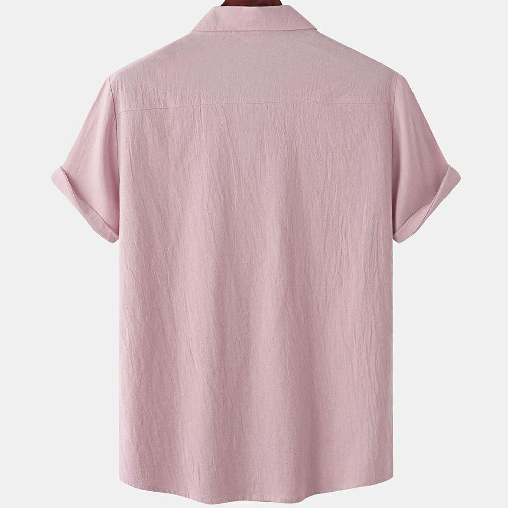 Solid color double pocket linen short sleeve shirt for men Solid color double pocket linen short sleeve shirt for men