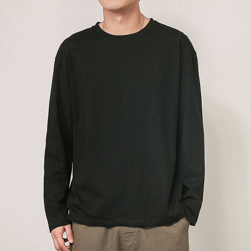 Men's basic solid color cotton round neck loose long-sleeved bottoming shirt