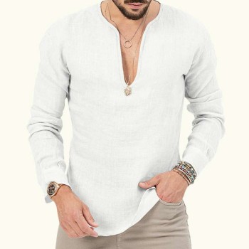 Cotton linen deep v-neck solid color large size long-sleeved T-shirt shirt