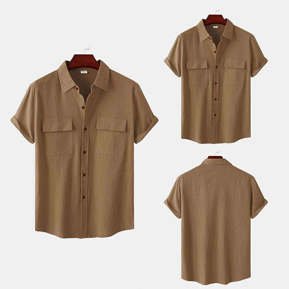 Solid color double pocket linen short sleeve shirt for men Solid color double pocket linen short sleeve shirt for men