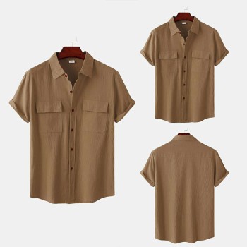 Solid color double pocket linen short sleeve shirt for men