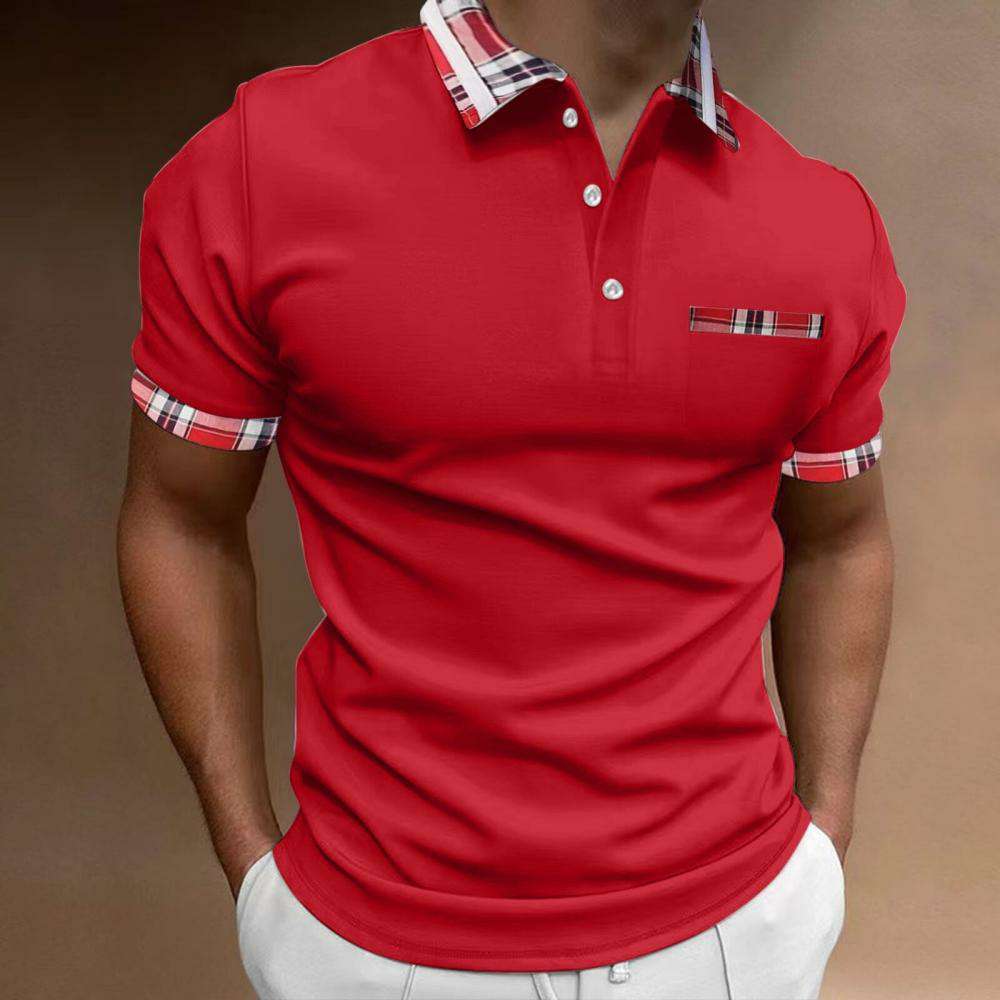 Men's short sleeve polo shirt with check and color block pattern P1043