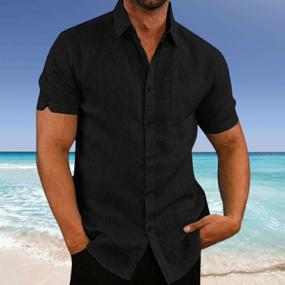 Men's New Solid Color Lapel Button Short Sleeve Shirt
