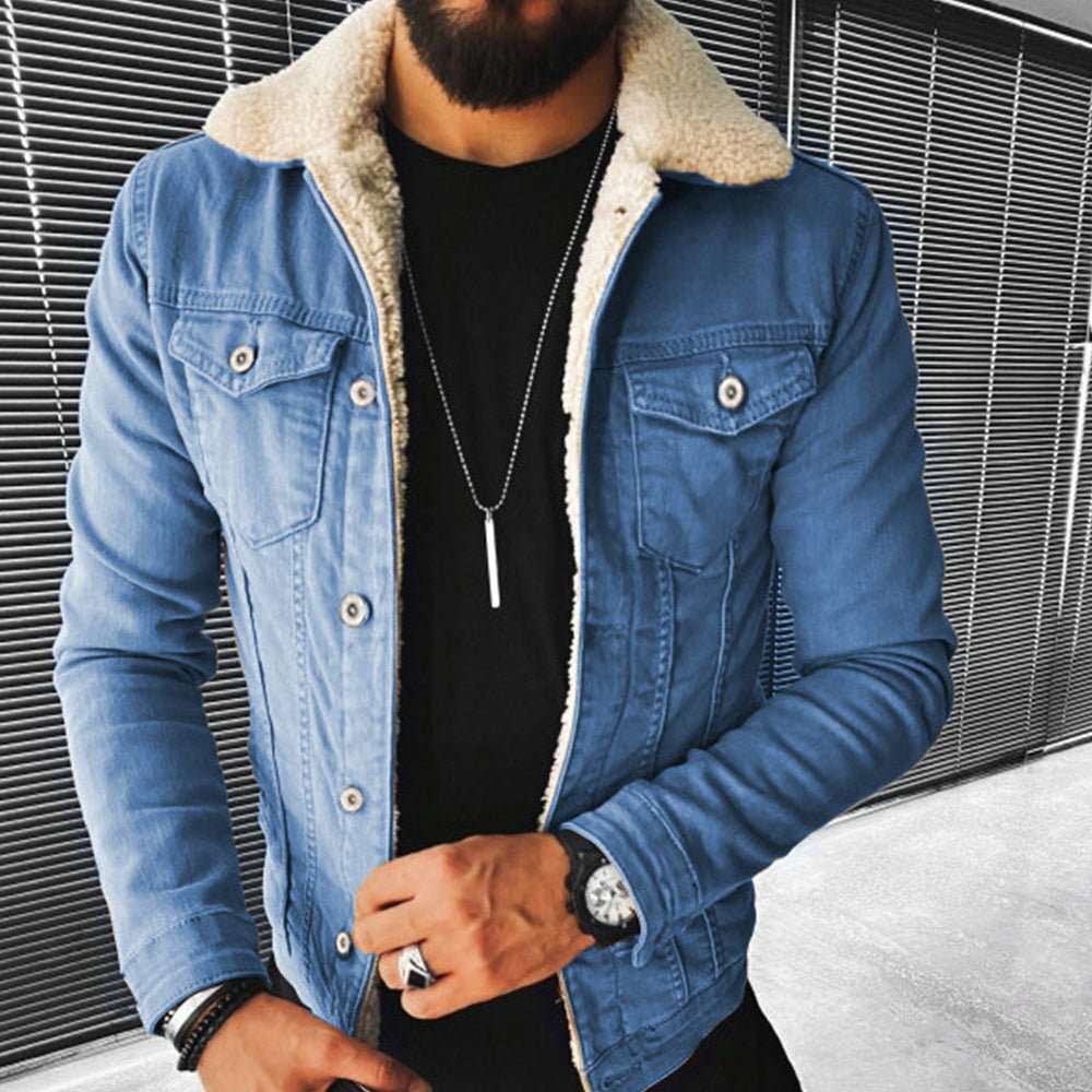New winter lambswool style thickened denim jacket for men