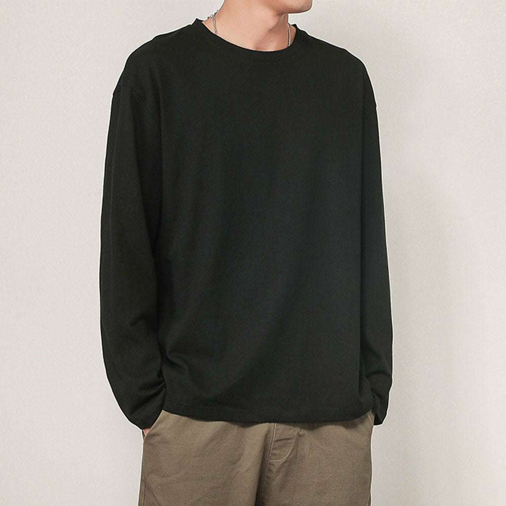 Men's basic solid color cotton round neck loose long-sleeved bottoming shirt
