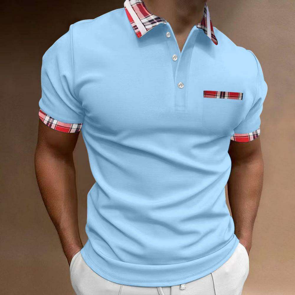 Men's short sleeve polo shirt with check and color block pattern P1043