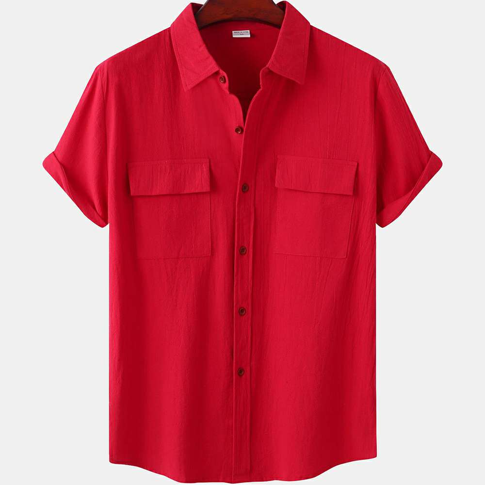 Solid color double pocket linen short sleeve shirt for men Solid color double pocket linen short sleeve shirt for men
