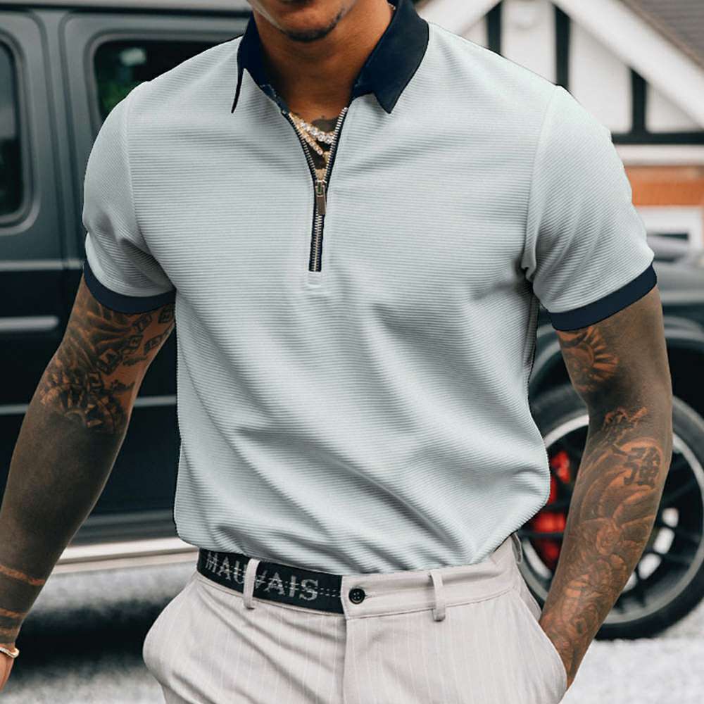 Men's Solid Color Zipper Lapel Polo T-Shirt